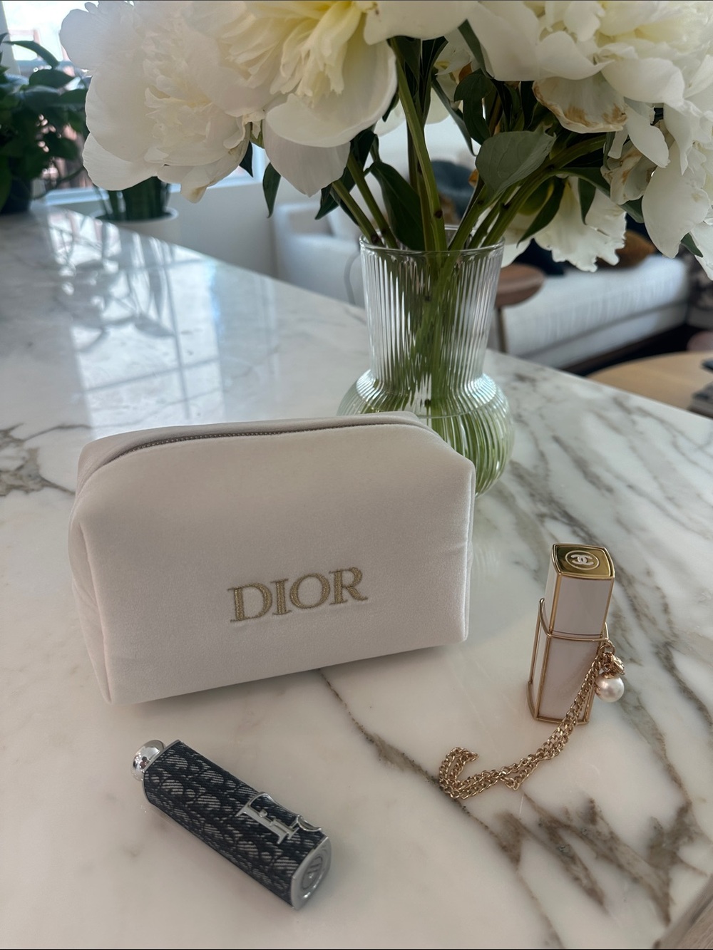 Dior Cream Cosmetic Pouch with Gold Logo